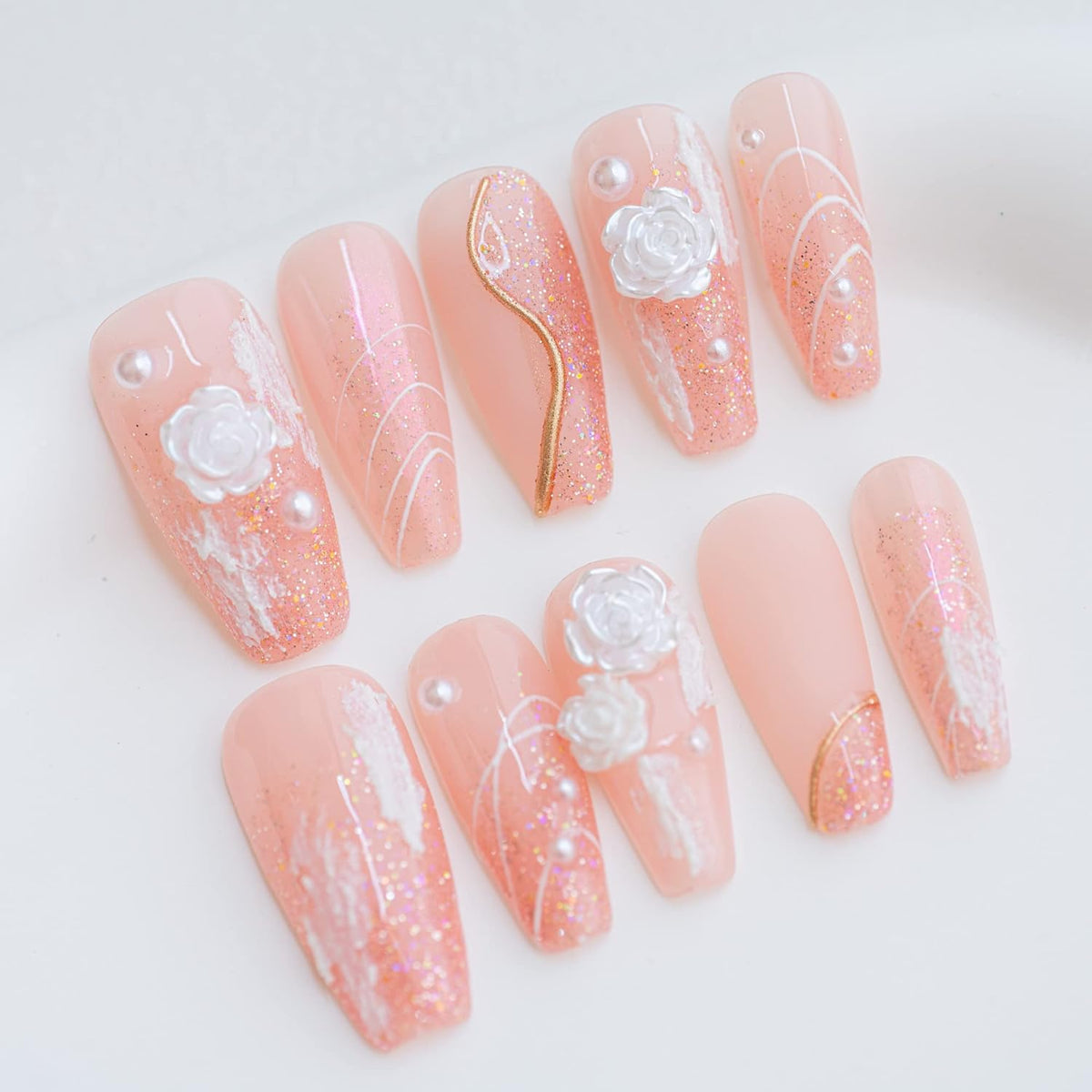 DoDo Lady Nail Art Fashion Press On Nails Set - 12Pcs - Peach Pearl