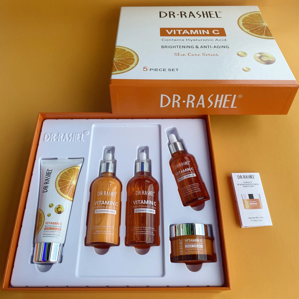 Dr Rashel Vitamin C Brightening & Anti-Aging Skin Care Set – Pack of 5 – open gift box with all 5 pieces