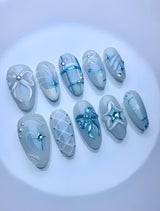 DoDo Lady Nail Art Fashion Press On Nails Set - 12Pcs - Ice Blue 5D