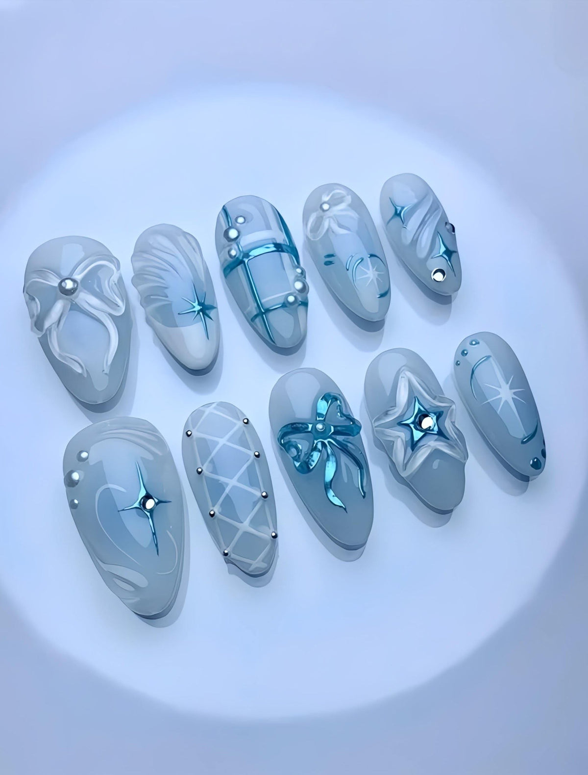 DoDo Lady Nail Art Fashion Press On Nails Set - 12Pcs - Ice Blue 5D