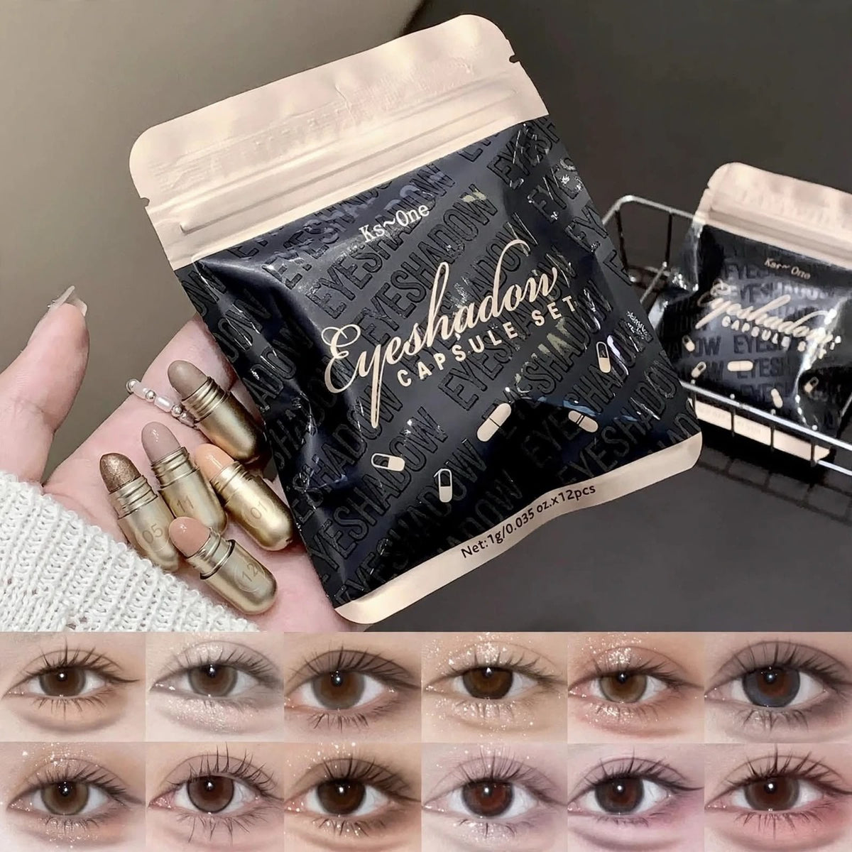 KS One Eyeshadow Capsule Set - 12 Pcs Mini Eyeshadow Sticks (1g x 12) - Buy Online in Pakistan at Cosmia.pk - black and gold eyeshadow capsule pouch with mini eyeshadow sticks and eye looks chart