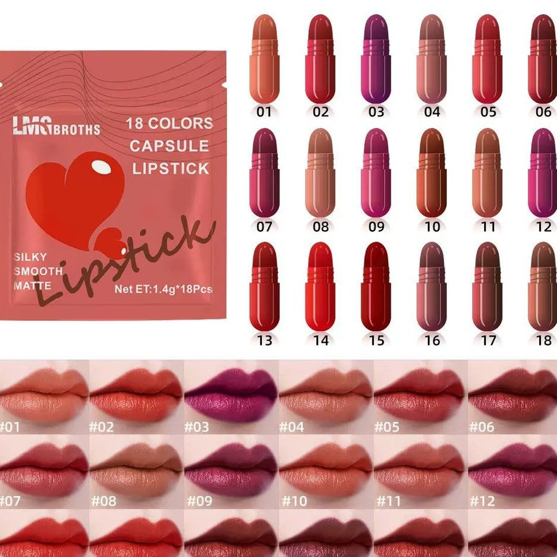 Linsbroths 18 Colors Capsule Lipstick Set - Silky Smooth Matte Mini Lipsticks (1.4g x 18 Pcs) - Buy Online in Pakistan at Cosmia.pk - pouch with all 18 capsule shades and lip swatches