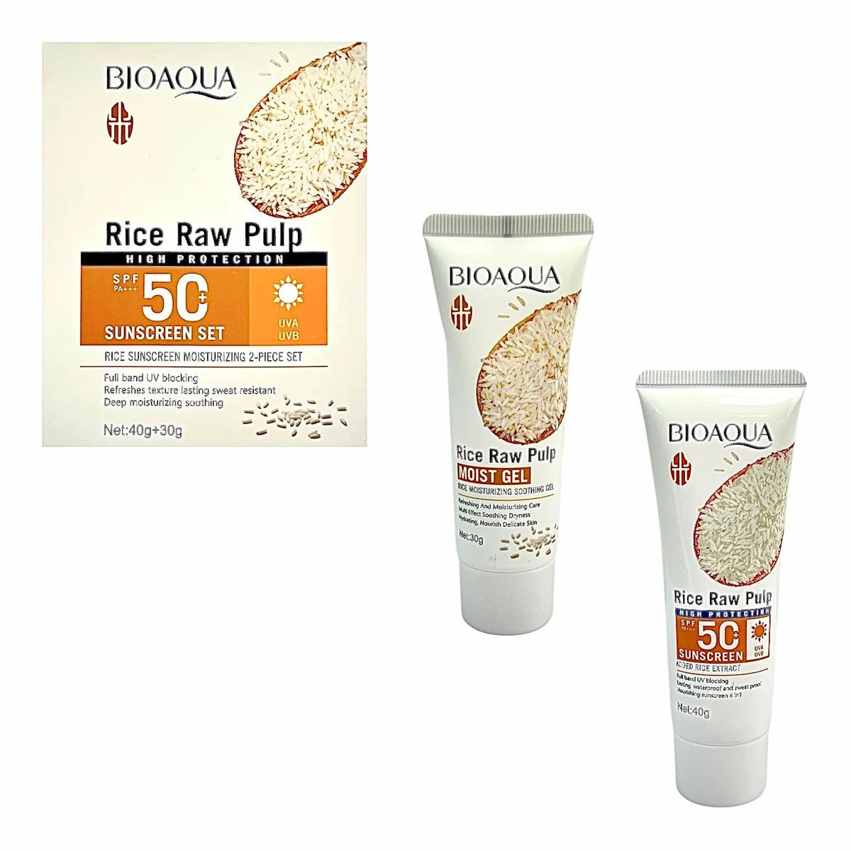 Bioaqua Rice Raw Pulp Sunscreen Set SPF50 – 2 Piece (40g + 30g) – box with sunscreen 40g and moist gel 30g tubes