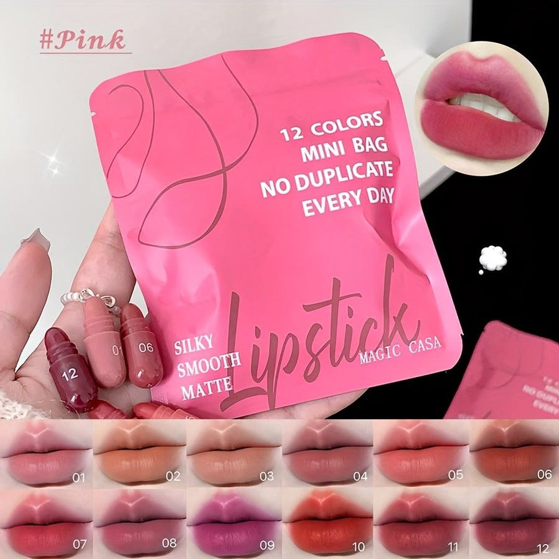 Magic Casa 12 Colors Mini Bag Lipstick Set - Silky Smooth Matte Capsule Lipsticks, Pink Pouch - Buy Online in Pakistan at Cosmia.pk - pink pouch with three capsules and full 12 shade lip chart