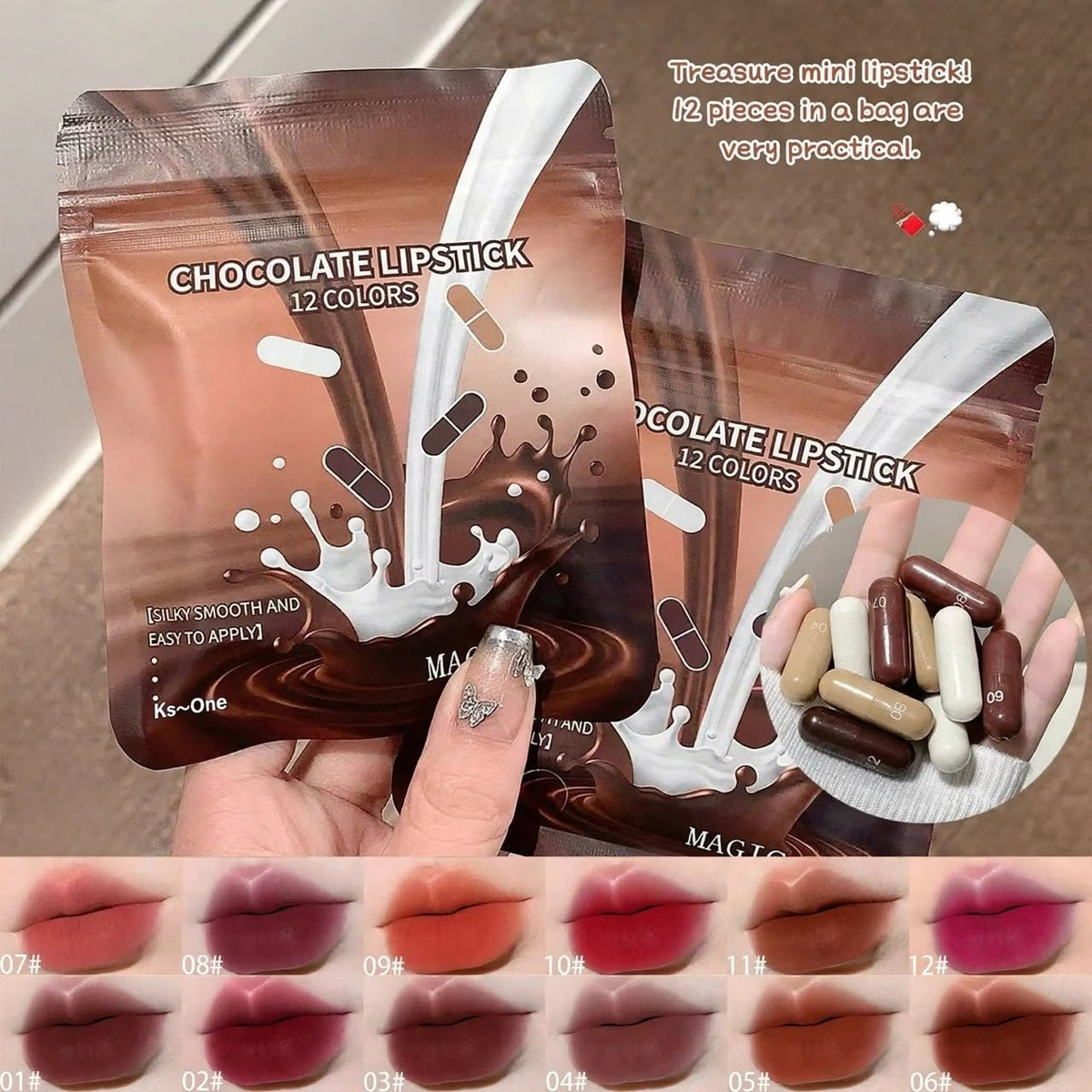 KS One Chocolate Lipstick Set - 12 Colors Mini Capsule Lipsticks, Silky Smooth (Treasure Mini Lipstick) - Buy Online in Pakistan at Cosmia.pk - chocolate lipstick 12 colors pouches with capsule lipsticks and full shade chart