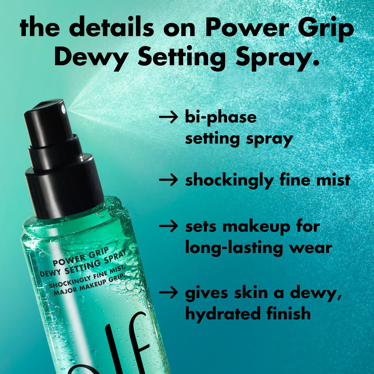 e.l.f. Power Grip Dewy Setting Spray details — shockingly fine mist, major makeup grip