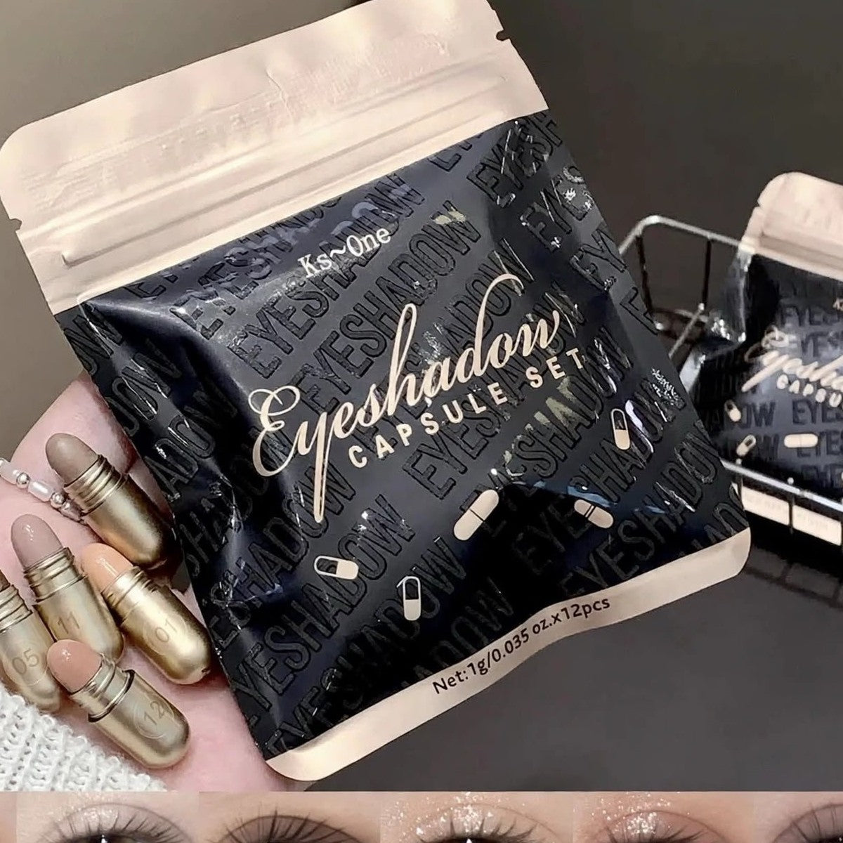 KS One Eyeshadow Capsule Set - 12 Pcs Mini Eyeshadow Sticks (1g x 12) - Buy Online in Pakistan at Cosmia.pk - close-up of the eyeshadow capsule pouch and gold mini sticks