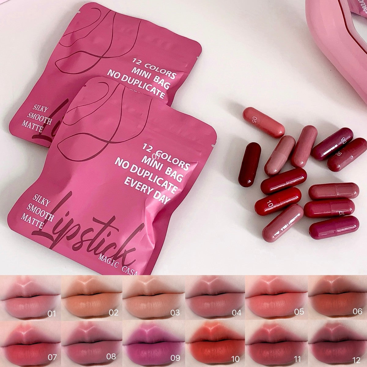 Magic Casa 12 Colors Mini Bag Lipstick Set - Silky Smooth Matte Capsule Lipsticks, Pink Pouch - Buy Online in Pakistan at Cosmia.pk - two pink mini bag pouches with capsules and shade chart