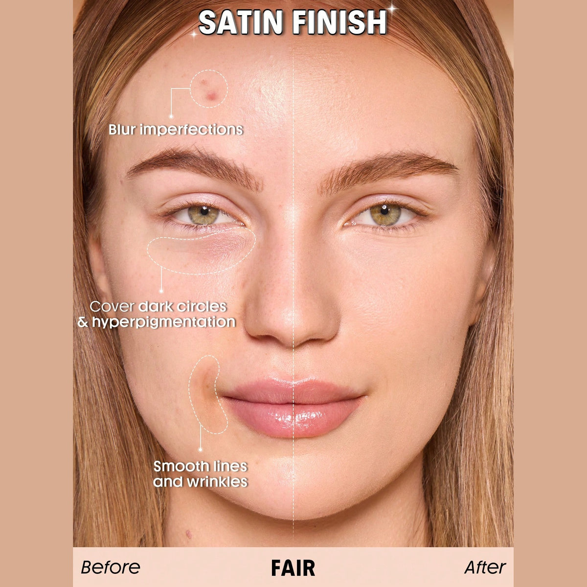 SHEGLAM Skin Sync Satin Foundation Fair - before and after satin finish
