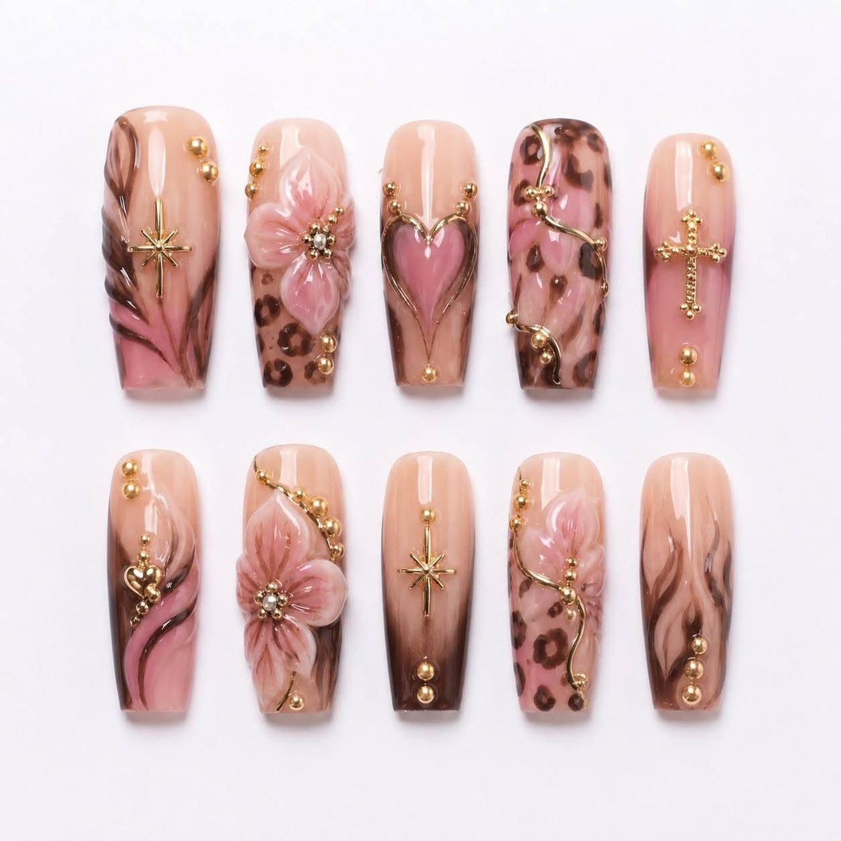 Pink Key Artificial Press-On Nails - Brown