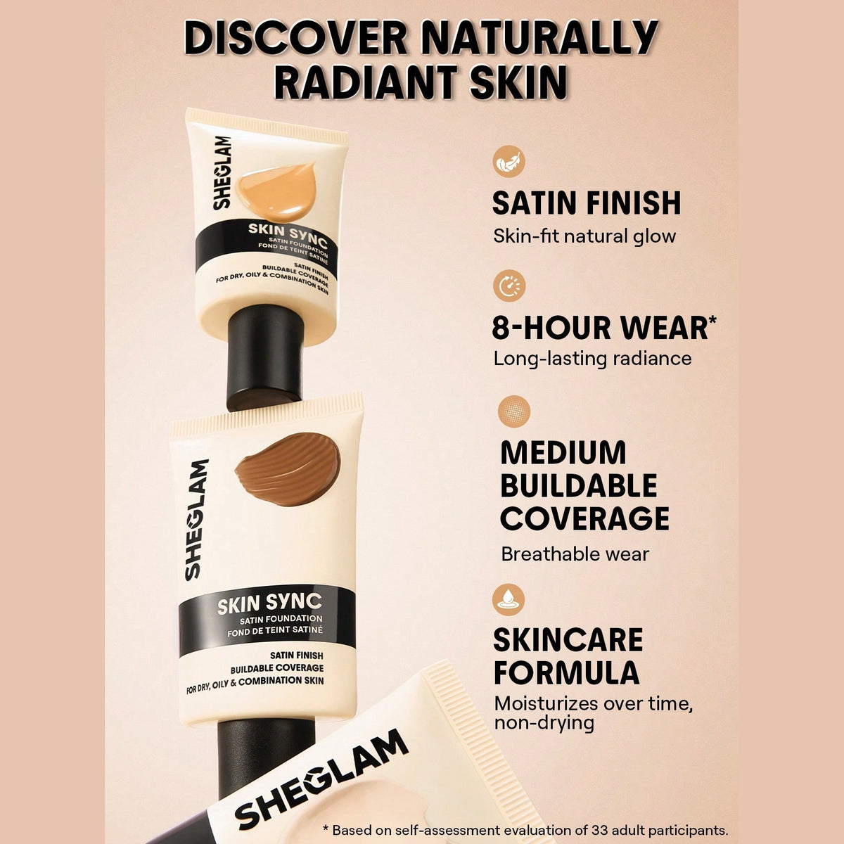 SHEGLAM Skin Sync Satin Foundation - satin finish, 8-hour wear, buildable coverage