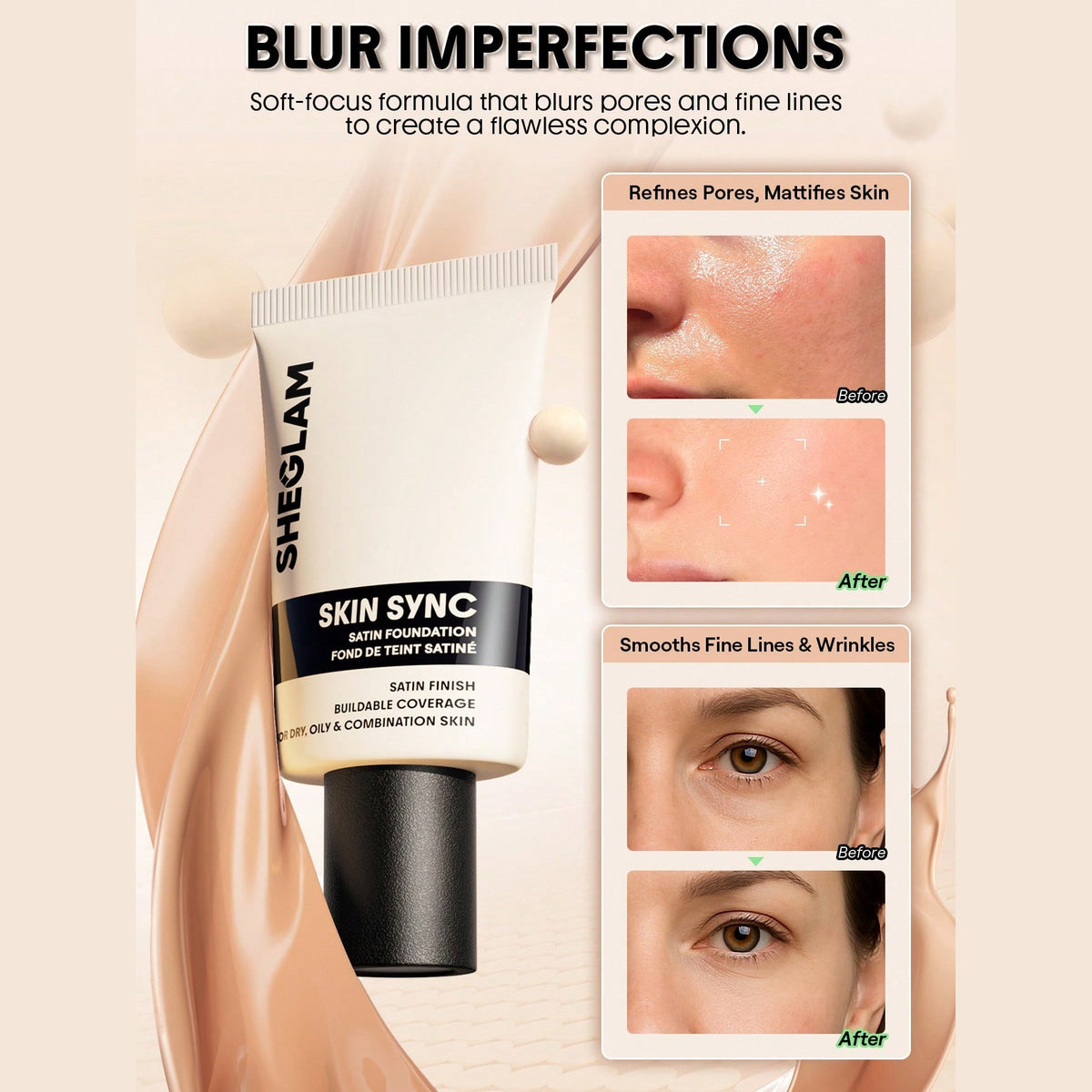 SHEGLAM Skin Sync Satin Foundation - blurs pores and fine lines