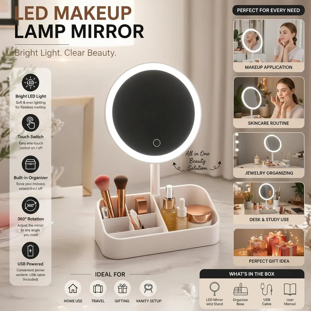 LED Makeup Lamp Mirror with Built-in Organizer Base – Each - Buy Online in Pakistan at Cosmia.pk