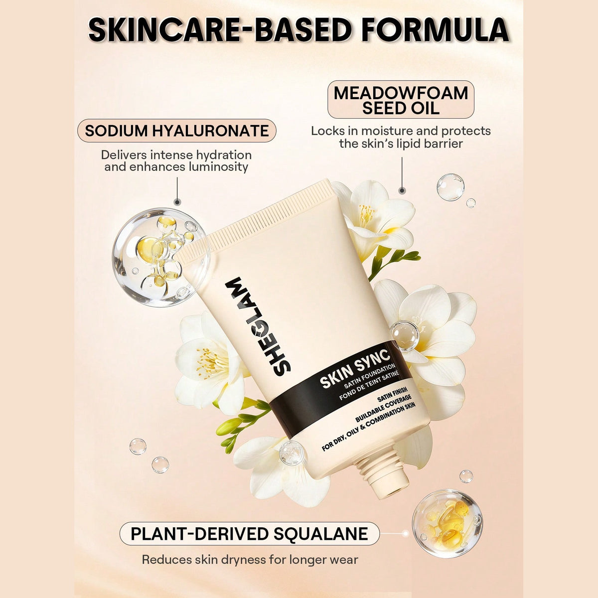 SHEGLAM Skin Sync Satin Foundation - skincare-based formula with squalane and hyaluronate