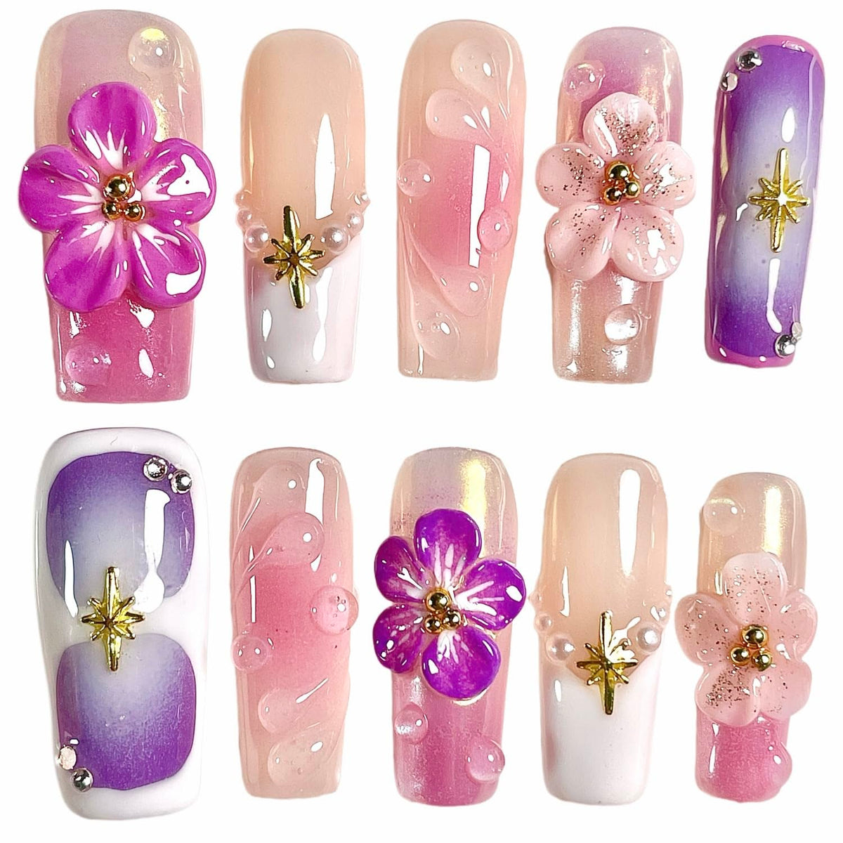 YY Kiss Luxury False Nail – 12Pcs Press On Nails - 3D Flower