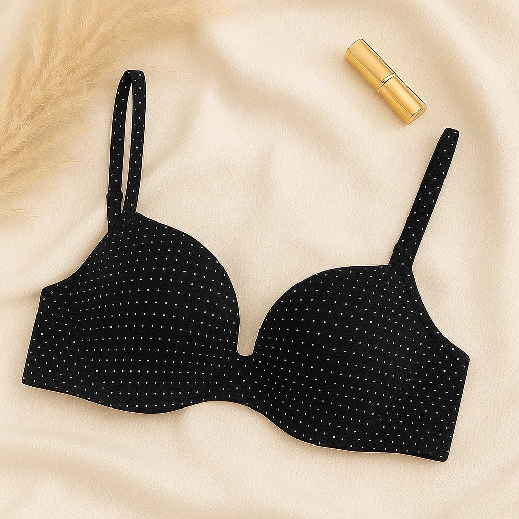 Cute Stylish Bow Style Padded Soft Bra Set - Black / 32