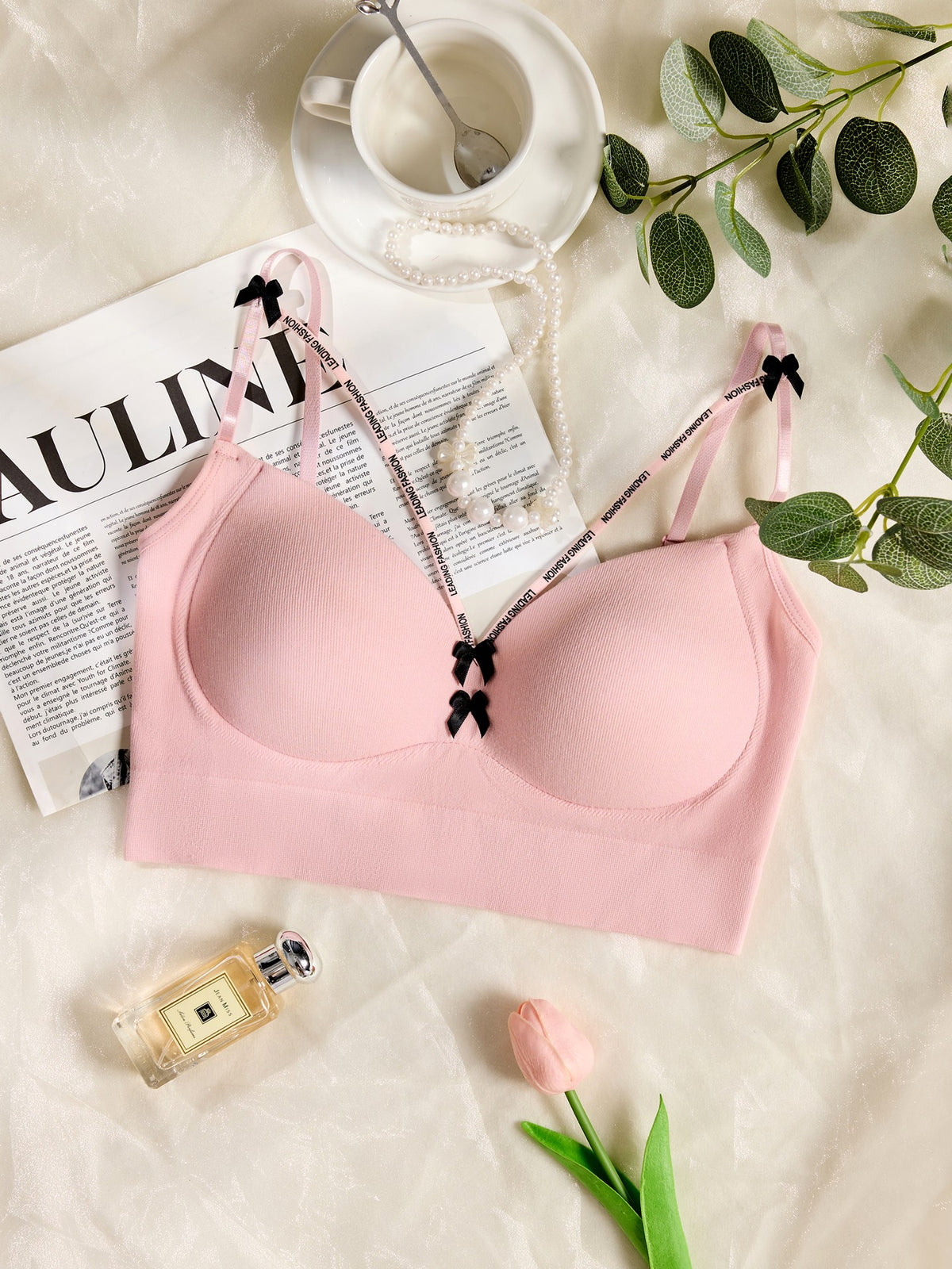 Cute Stylish Bow Style Padded Soft Bra Set - Pink / 32
