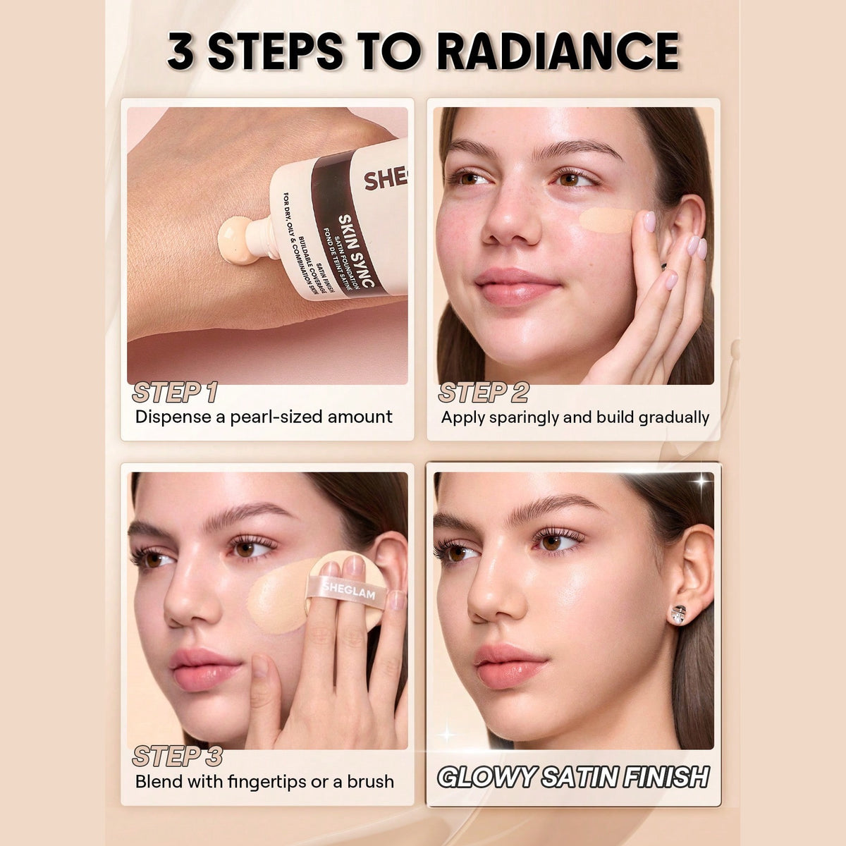 SHEGLAM Skin Sync Satin Foundation - how to apply in 3 steps