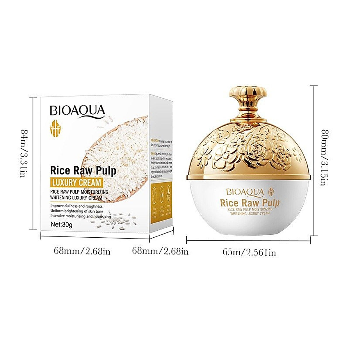 BIOAQUA Rice Raw Pulp Whitening Luxury Cream 30g jar with box and size details