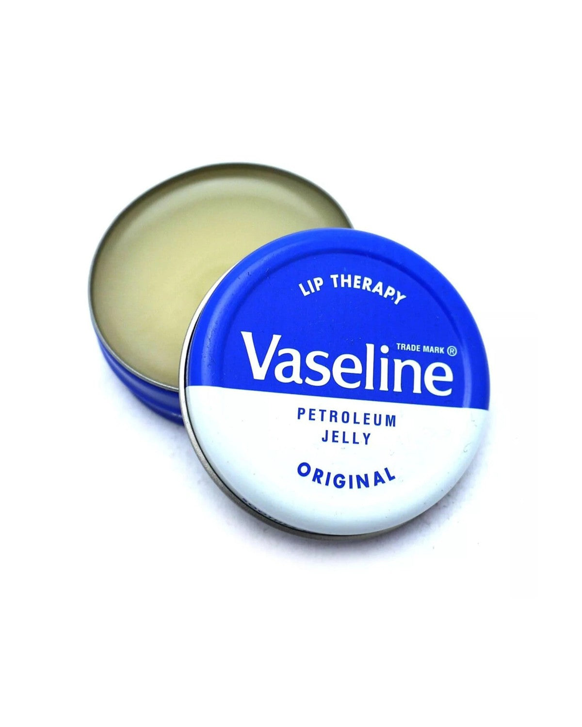 Chirs's UK Vaseline Lip Balm open tin showing balm