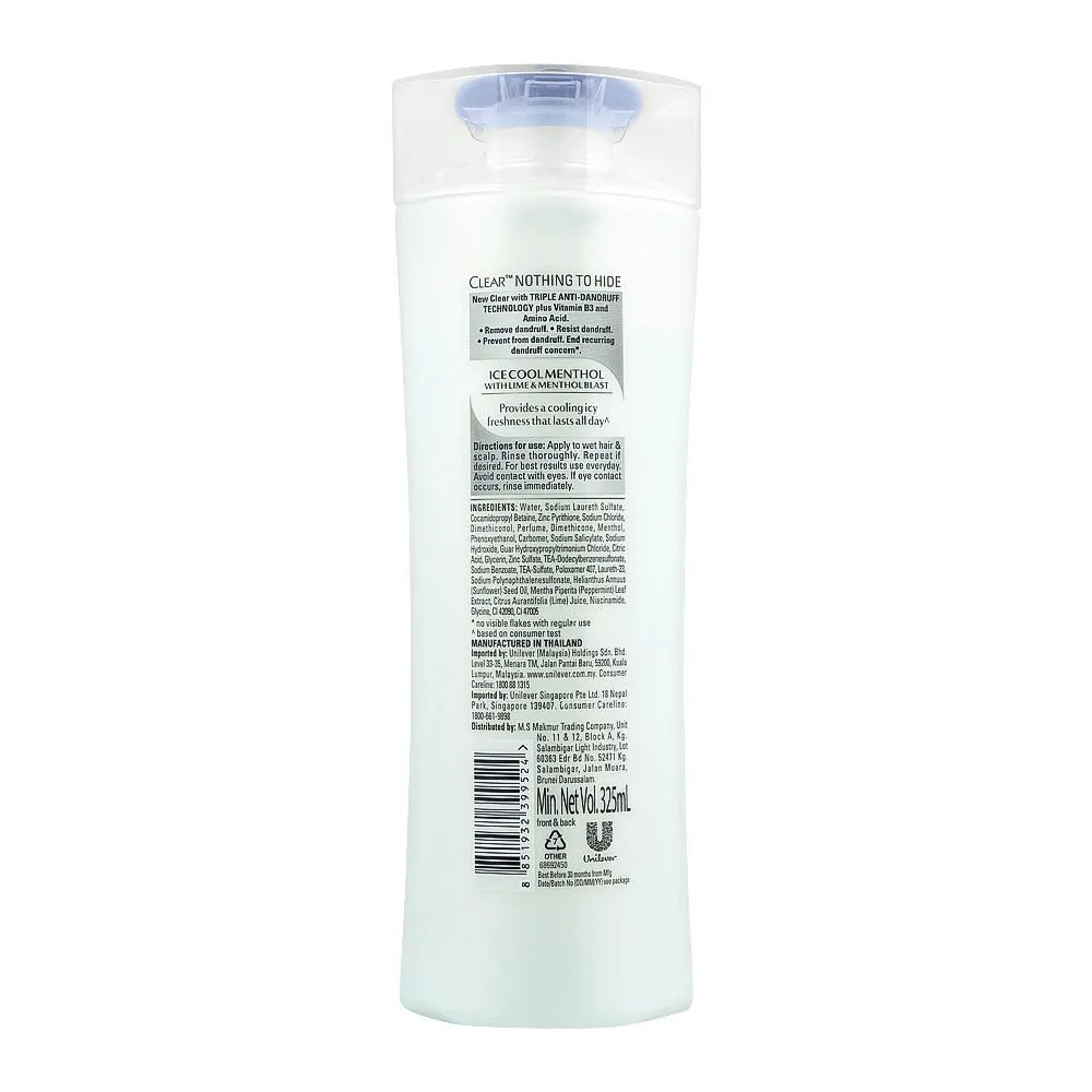 Clear Anti-Dandruff Ice Cool Menthol Shampoo, Thai, 330ml - Buy Online in Pakistan at Cosmia.pk