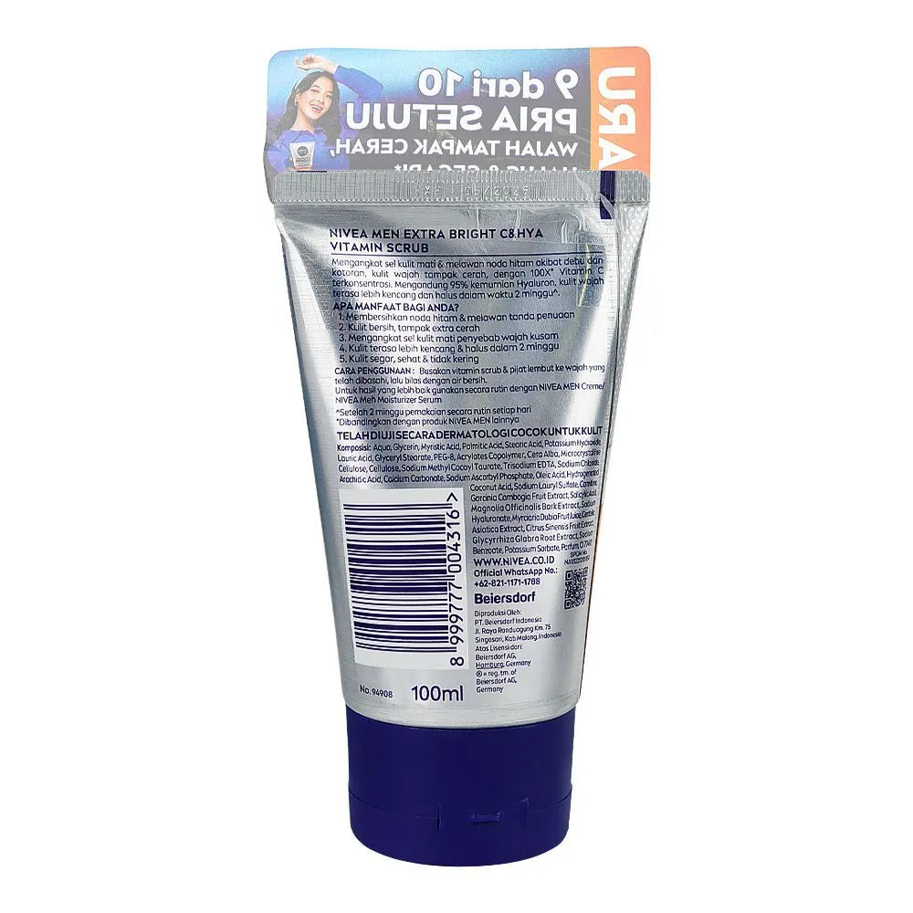 Nivea Men Extra Bright Vitamin-C & HYA Scrub - 100ml - Buy Online in Pakistan at Cosmia.pk