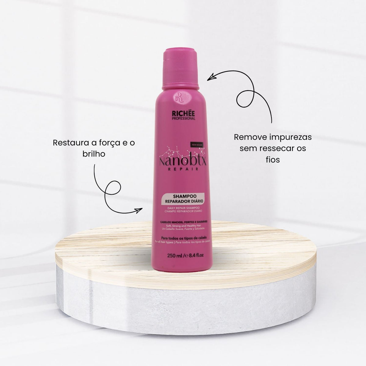 Richee Nanobtx Repair Shampoo on pedestal with benefits