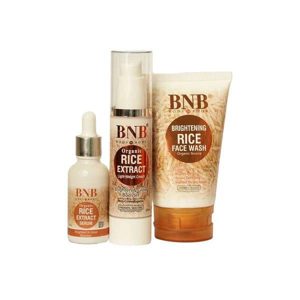 BNB Rice Glow Day Care Essentials (Rice Extract Facewash - 120ml + Rice Extract Cream - 50ml + Rice Extract Serum 30ml) - Buy Online in Pakistan at Cosmia.pk