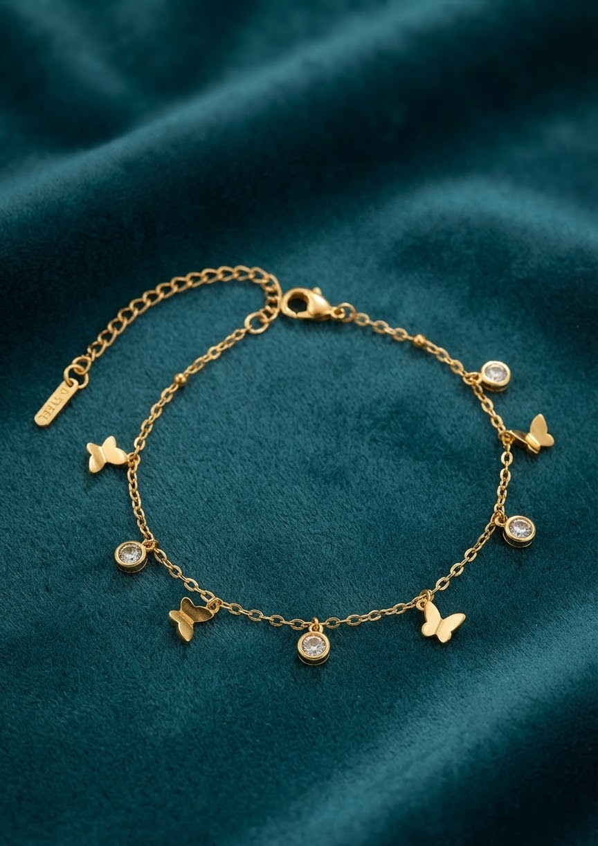 316L Stainless Steel Butterfly Charm Bracelet in gold with butterfly and crystal charms - view 2 - buy online in Pakistan at Cosmia.pk