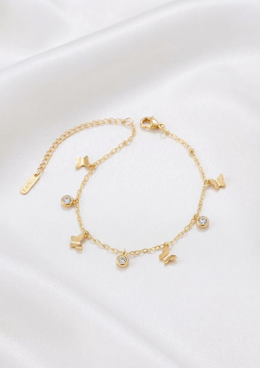316L Stainless Steel Butterfly Charm Bracelet in gold with butterfly and crystal charms - view 4 - buy online in Pakistan at Cosmia.pk