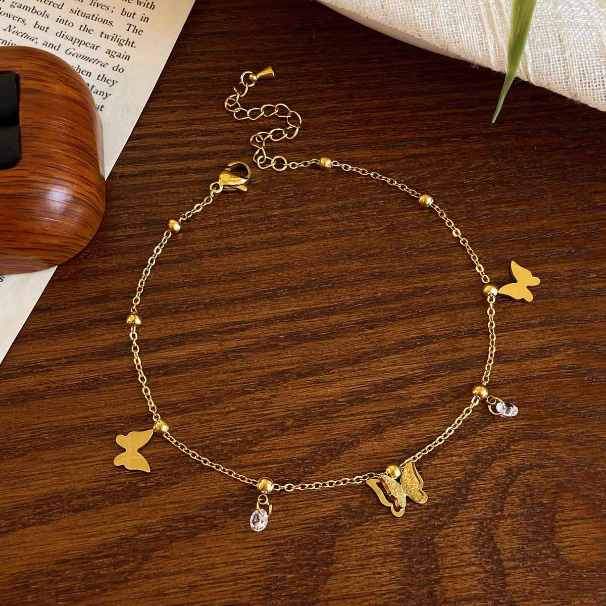 316L Stainless Steel Gold Butterfly Zircon Anklet - delicate chain with butterfly charms and crystal drops