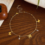 316L Stainless Steel Gold Butterfly Zircon Anklet - delicate chain with butterfly charms and crystal drops