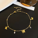 Gold butterfly charm anklet - dangling zircon crystal ankle bracelet