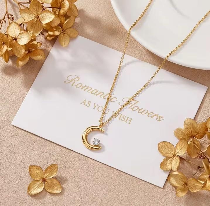 Gold moon zircon pendant necklace - delicate clavicle chain, everyday party wear