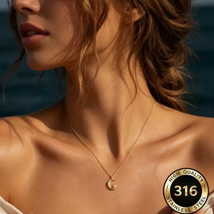 316L stainless steel moon necklace for women - elegant gold zircon pendant