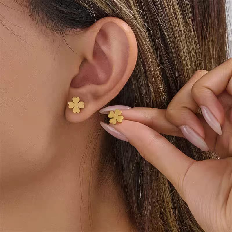 316L Stainless Steel Golden Flower Stud Earrings for Women - worn on ear