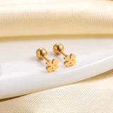 316L Stainless Steel Golden Four Leaf Clover Stud Earrings - screw ball back detail