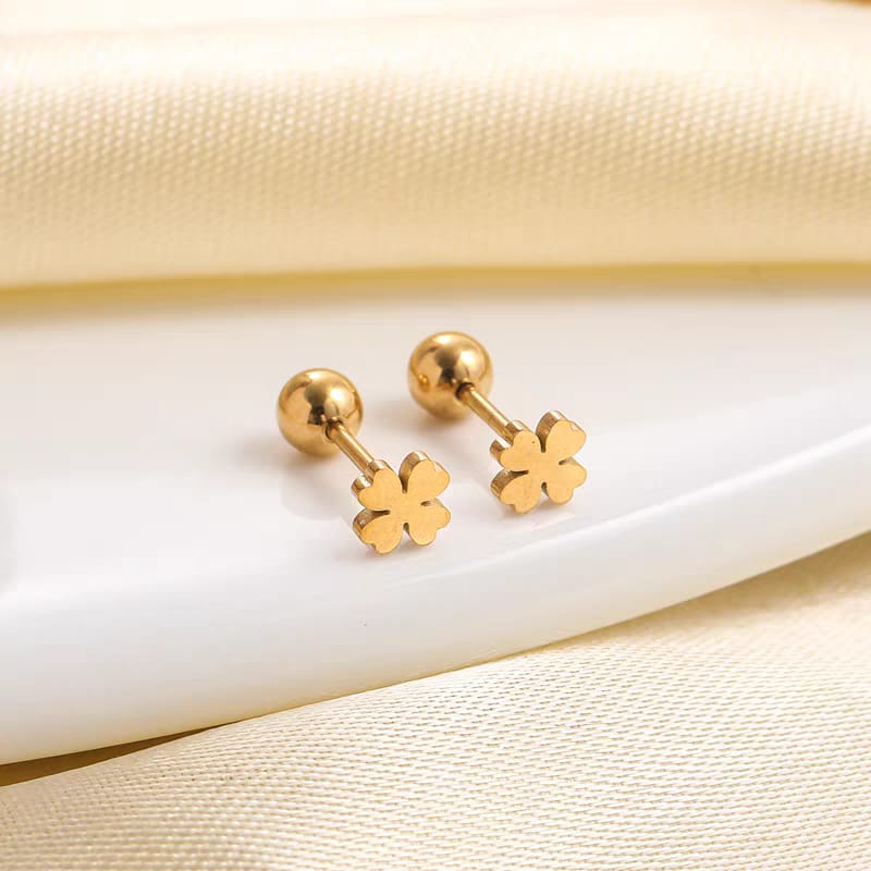 316L Stainless Steel Golden Four Leaf Clover Stud Earrings - screw ball back detail