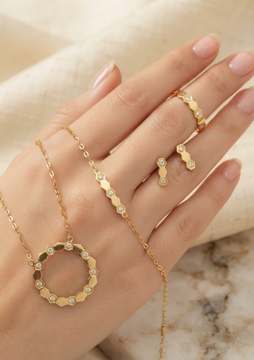 Golden honeycomb hexagonal zircon necklace set worn - stainless steel jewelry set for women | Cosmia.pk