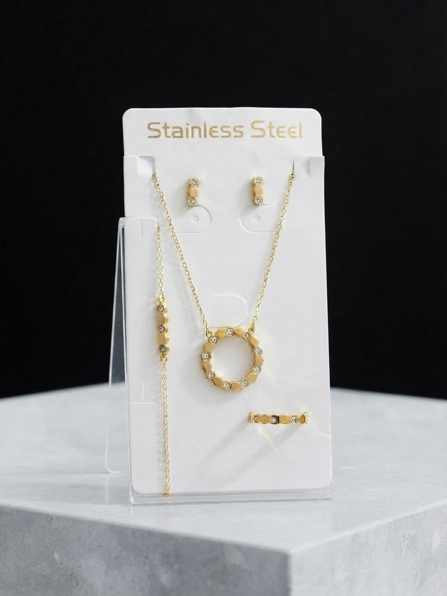 316L stainless steel honeycomb zircon 4 piece jewelry set on display card - gold necklace bracelet ring earrings | Cosmia.pk