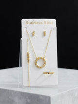316L stainless steel honeycomb zircon 4 piece jewelry set on display card - gold necklace bracelet ring earrings | Cosmia.pk