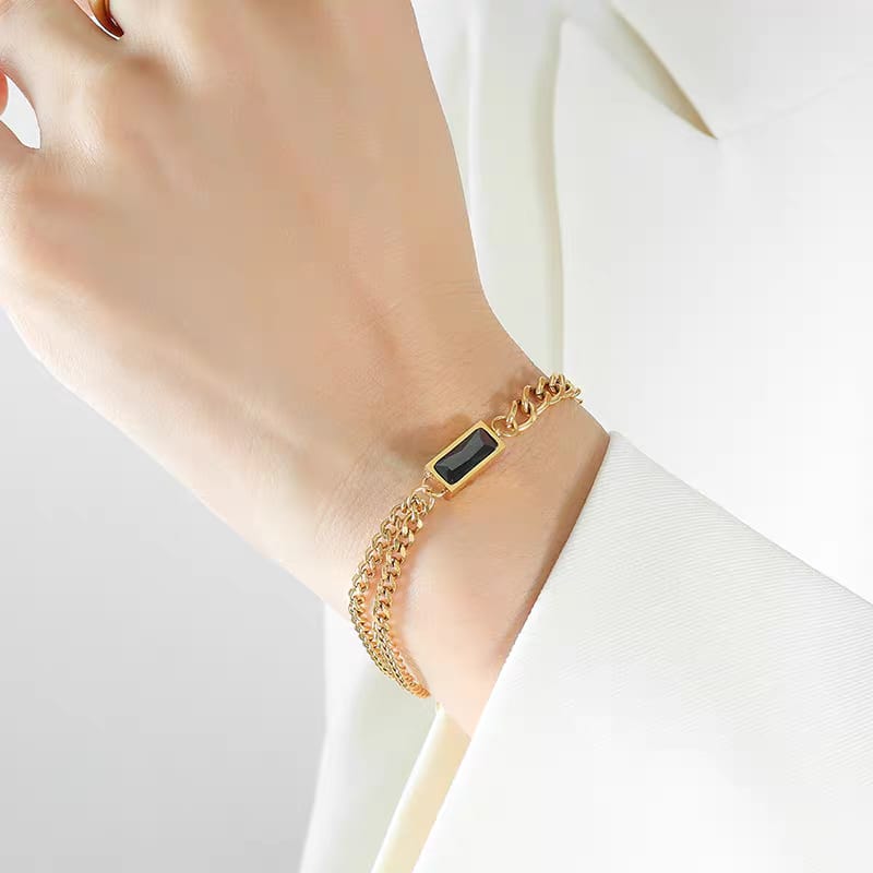 316L Stainless Steel Rectangle Stone Thick Link Chain Bracelet - gold tone with black or green stone - view 1 - buy online in Pakistan at Cosmia.pk