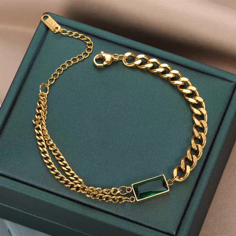316L Stainless Steel Rectangle Stone Thick Link Chain Bracelet - gold tone with black or green stone - view 3 - buy online in Pakistan at Cosmia.pk