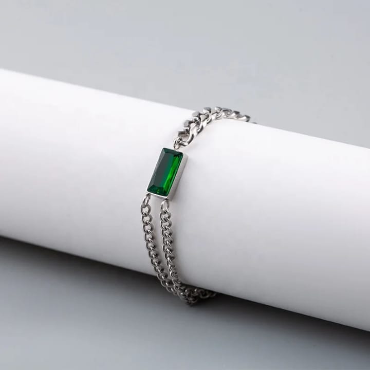 316L Stainless Steel Rectangle Stone Thick Link Chain Bracelet - silver tone with green stone - view 7 - buy online in Pakistan at Cosmia.pk