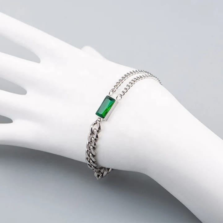 316L Stainless Steel Rectangle Stone Thick Link Chain Bracelet - silver tone with green stone - view 8 - buy online in Pakistan at Cosmia.pk