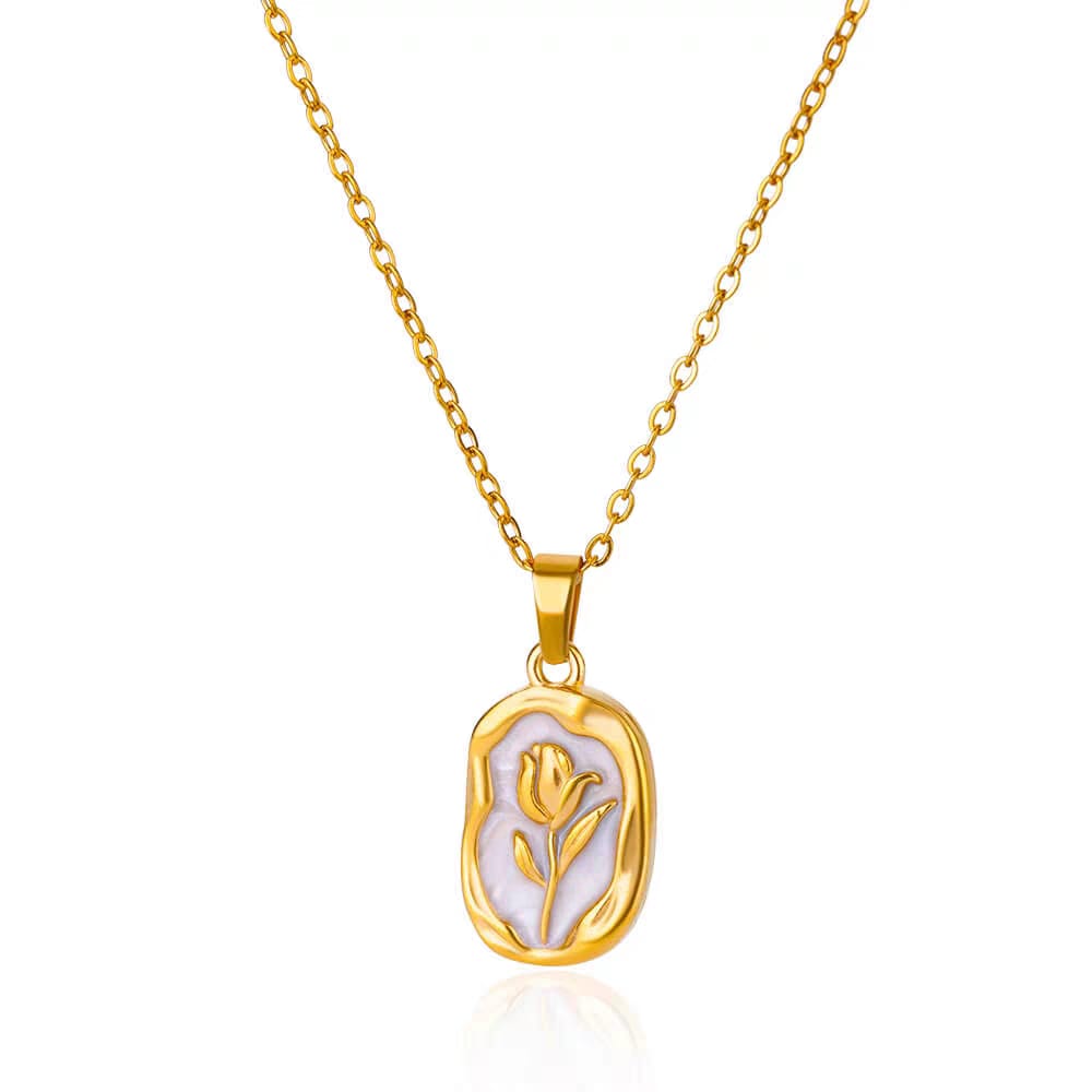 316L Stainless Steel Tulip Flower Pendant Necklace - White enamel version, white enamel tulip pendant studio shot on white background - buy online in Pakistan at Cosmia.pk