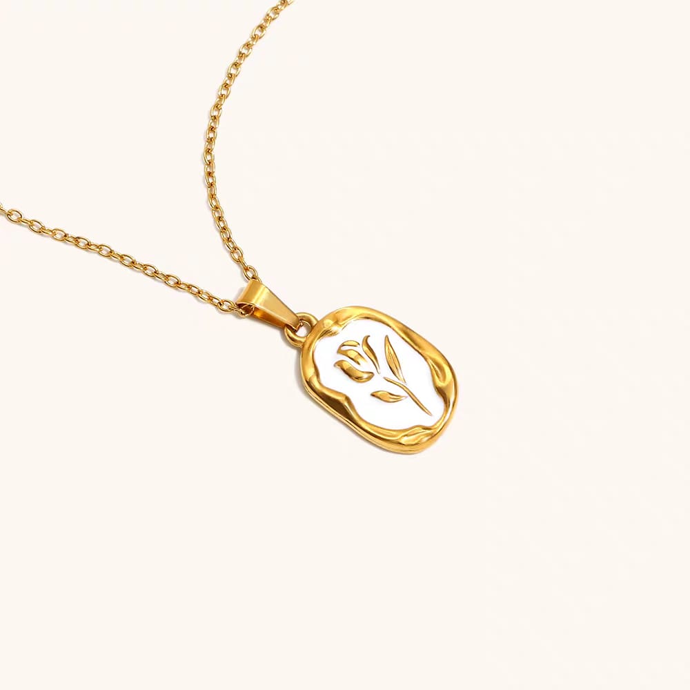 316L Stainless Steel Tulip Flower Pendant Necklace - White enamel version, white enamel tulip pendant angled detail shot - buy online in Pakistan at Cosmia.pk