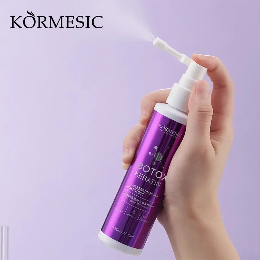 Kormesic Botox Keratin Scalp Nourishing Topical Solution 100ml spray in use on scalp
