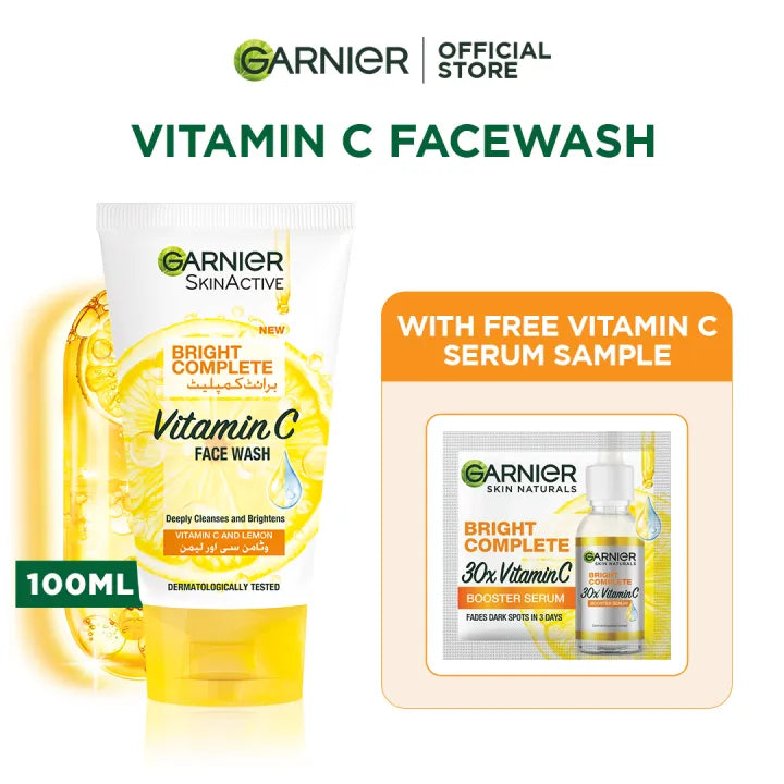 Garnier Bright Complete Vitamin C Facewash 100ml + Free Vitamin C Serum Sample - Buy Online in Pakistan at Cosmia.pk