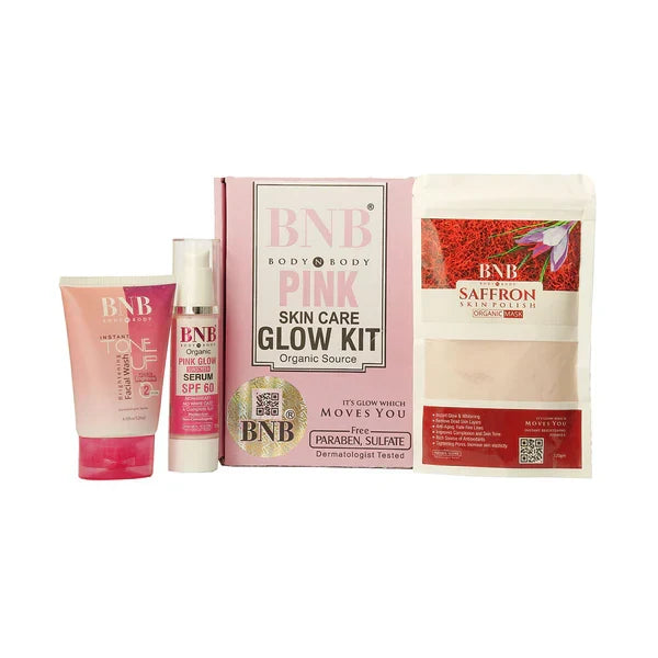 BNB Pink Glow Kit ( Toneup Facewash - 120ml + Saffron Mask - 120gm + Pink Glow Sunscreen Spf 60 - 50gm) - Buy Online in Pakistan at Cosmia.pk